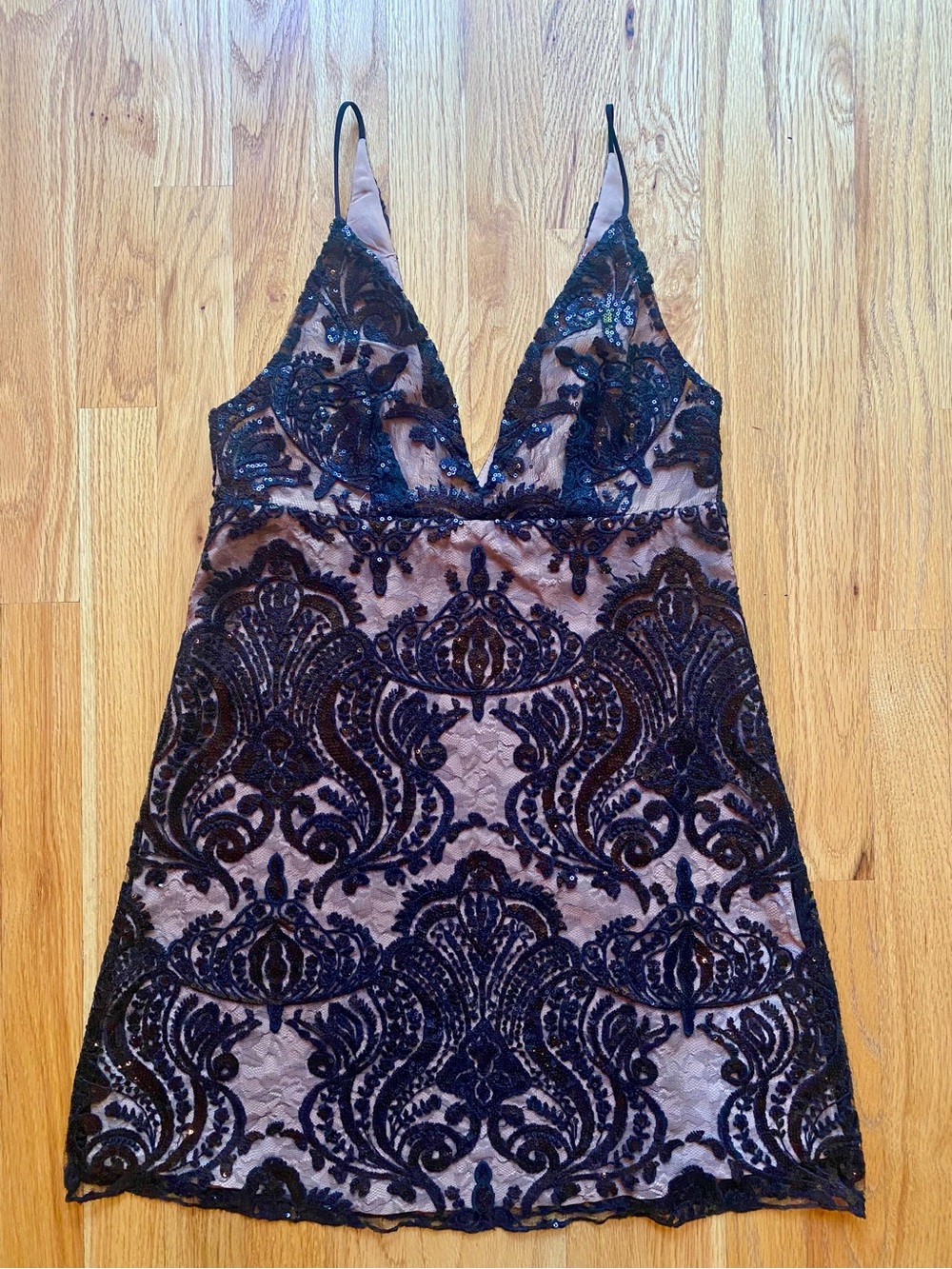 Free People Black Lace Over Nude Slip Mini Dress with Deep V